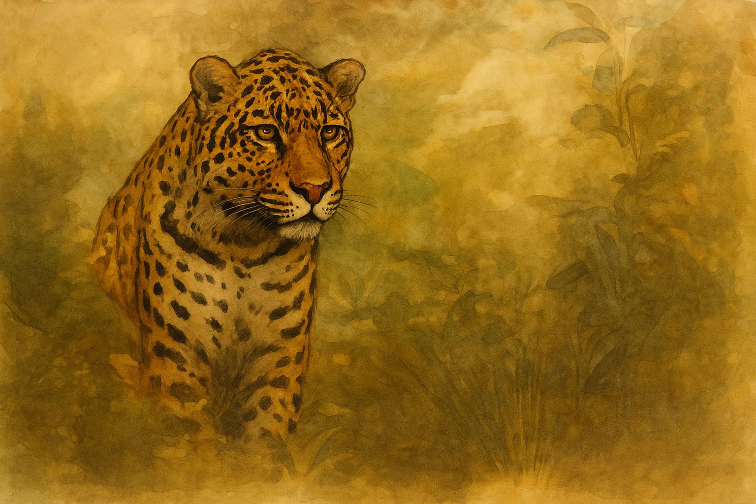 Ilustración digital de un yaguareté entre la vegetación cerrada de la selva