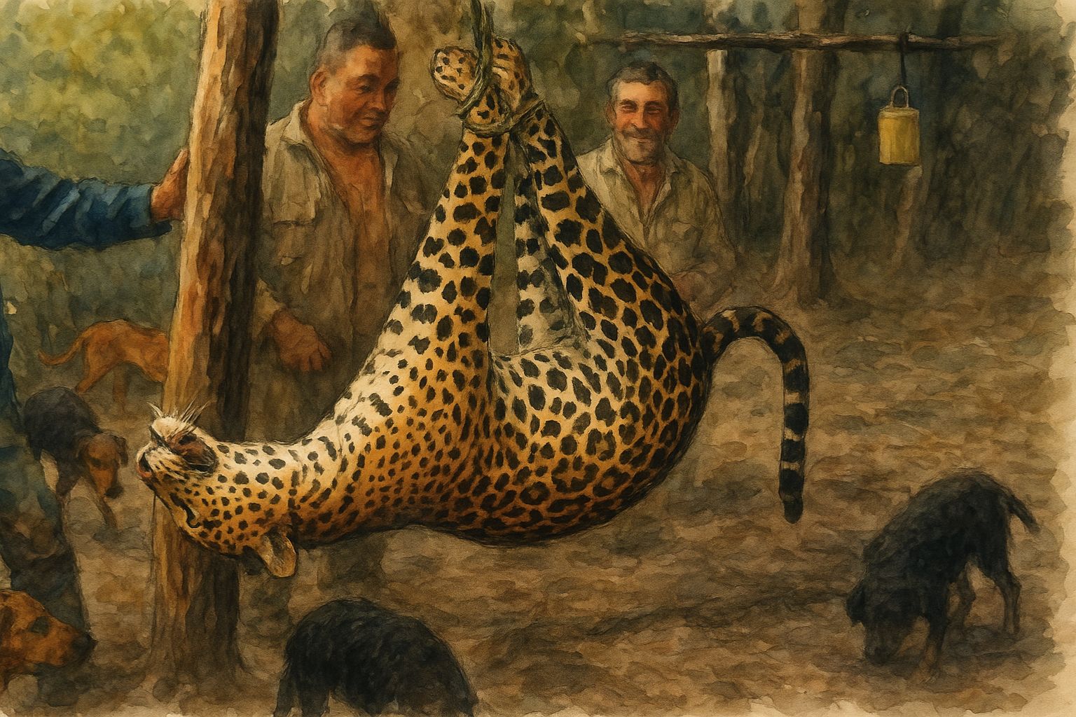 Cuatro cazadores posan junto al cuerpo despellejado de un yaguareté colgado en un galpón de Ibarreta, Formosa.